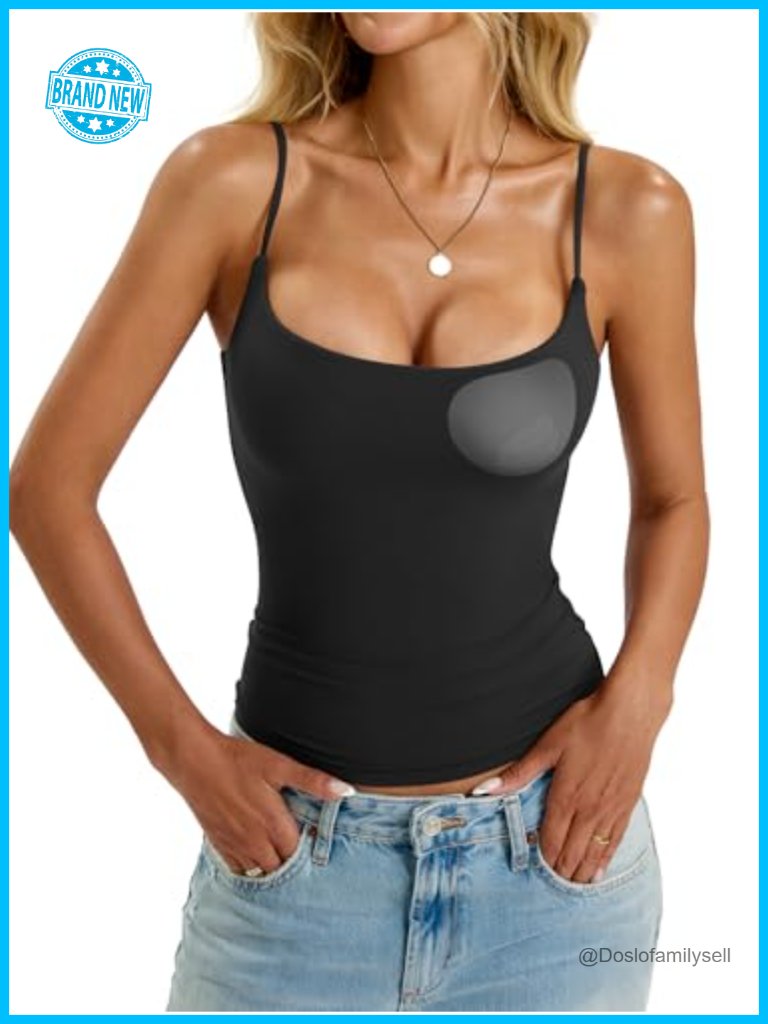 Double Lined Padded Cami Tank Top Built In Bra Spaghetti Strap Slim Fitted Basic